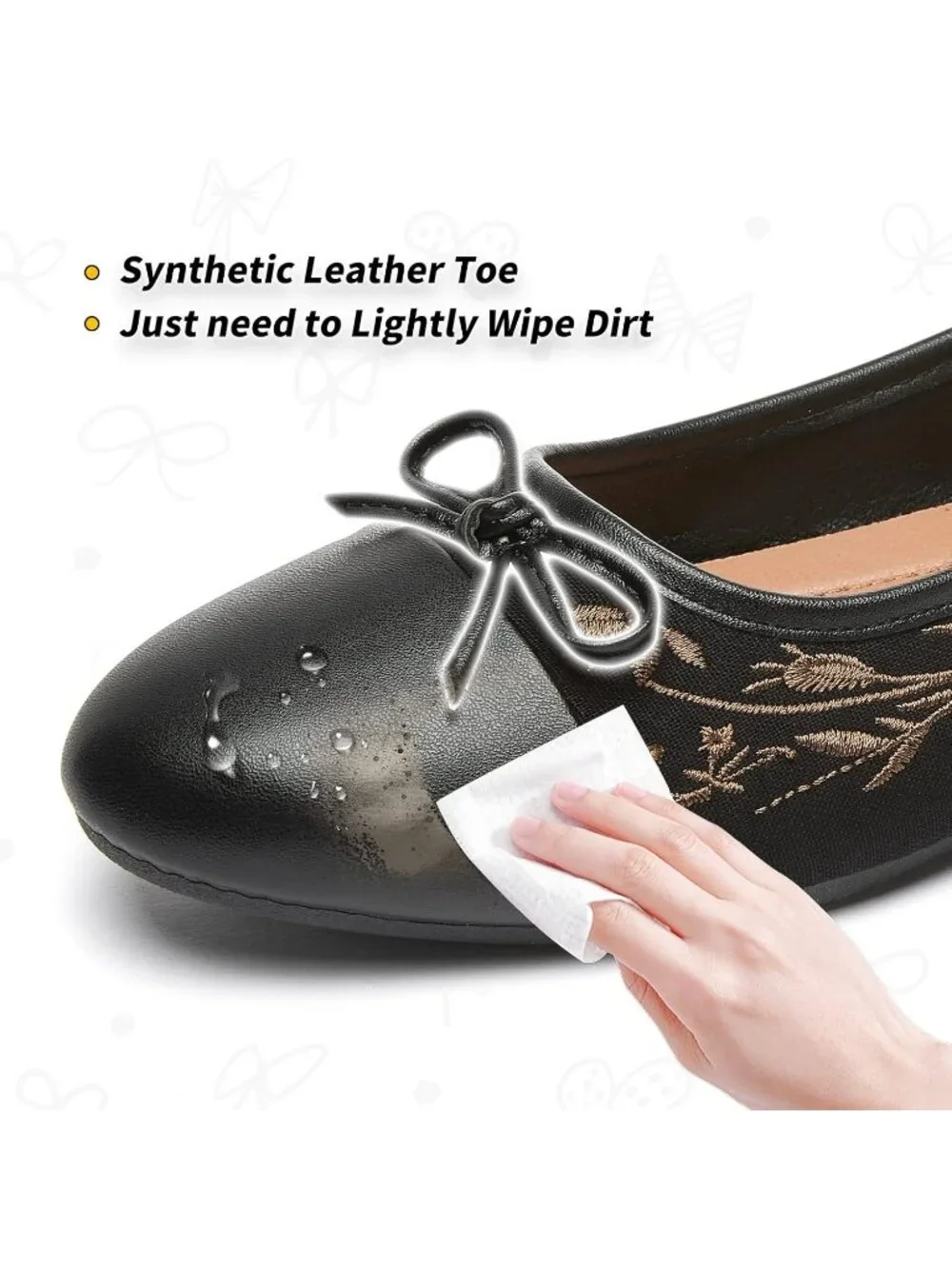 Women's Black Flats Shoes with Pomegranate Embroidery with Bow Comfortable